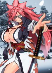 Rule 34 | 1girl, akisu k, architecture, baiken, belt, black kimono, blurry, blurry foreground, breasts, bright pupils, brown eyes, cleavage, cowboy shot, depth of field, east asian architecture, facial mark, forehead mark, grey sky, grin, guilty gear, guilty gear strive, hair intakes, huge breasts, japanese clothes, katana, kimono, long hair, long sleeves, looking at viewer, multicolored clothes, multicolored kimono, narrow waist, obi, open clothes, open kimono, outline, photo background, pink hair, rock, sash, scar, scar across eye, shiny skin, sky, smile, snow, snowing, solo, spiked hair, sword, thighs, very long hair, weapon, white kimono, white pupils, wide sleeves, winter