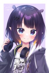 Rule 34 | 1girl, absurdres, adjusting headphones, blue eyes, fang, headphones, headphones around neck, highres, hololive, hololive english, hood, hoodie, looking at viewer, ninomae ina&#039;nis, ninomae ina&#039;nis (loungewear), open clothes, open hood, open hoodie, pointy ears, purple hair, purple hood, purple hoodie, shirt, short hair, skin fang, smile, solo, t-shirt, tentacle hair, virtual youtuber, white shirt, yang1413