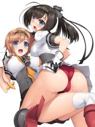 Rule 34 | 10s, 2girls, :d, :o, ahoge, akizuki (kancolle), ass, black hair, blue eyes, blush, boots, braid, breasts, brown hair, cameltoe, clothes writing, corset, covered erect nipples, female focus, girl on top, gloves, grey footwear, hachimaki, hair ornament, hairband, headband, kantai collection, knee boots, large breasts, long hair, looking at viewer, lower teeth only, miniskirt, multiple girls, nakano sora, neckerchief, open mouth, panties, pleated skirt, ponytail, propeller hair ornament, red footwear, red panties, school uniform, serafuku, simple background, skirt, smile, teeth, teruzuki (kancolle), textless version, thighhighs, underwear, white background, white legwear, yuri