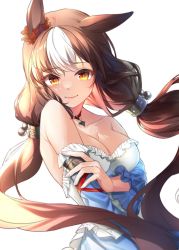Rule 34 | 1girl, animal ears, bare shoulders, blush, breasts, brown hair, cleavage, collar, detached sleeves, highres, horse ears, horse girl, horse tail, low twintails, medium breasts, multicolored hair, rukinya (nyanko mogumogu), smile, solo, tail, twintails, umamusume, white background, yamanin zephyr (umamusume), yellow eyes
