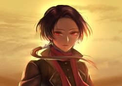 Rule 34 | 1boy, backlighting, bad id, bad pixiv id, bandages, brown hair, crying, crying with eyes open, earrings, floating hair, hiki yuichi, jewelry, kashuu kiyomitsu, long hair, long sleeves, looking at viewer, male focus, mole, mole under mouth, parted bangs, parted lips, ponytail, red eyes, red scarf, scarf, solo, sunset, teardrop, tears, touken ranbu, upper body