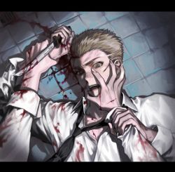 Rule 34 | 1boy, 1other, bad id, bad twitter id, black neckwear, blonde hair, blood, blood on clothes, blood on face, collared shirt, cuts, danganronpa (series), danganronpa 2: goodbye despair, freckles, hand on another&#039;s face, holding, holding another&#039;s wrist, holding knife, holding weapon, injury, knife, kuzuryu fuyuhiko, letterboxed, long sleeves, looking at viewer, loose necktie, lying, male focus, necktie, on back, on floor, open mouth, pekupe (p krr), shirt, short hair, solo focus, tile floor, tiles, very short hair, weapon, white shirt