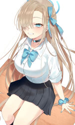 1girl absurdres asuna_(blue_archive) black_choker black_skirt black_socks blue_archive blue_bow blue_bowtie blue_eyes blue_nails blue_ribbon blue_scrunchie bow bowtie breasts choker clenched_teeth collared_shirt commentary desk dress_shirt hair_over_one_eye hair_ribbon halo highres kneehighs large_breasts light_brown_hair long_hair me_a_(r_party428) nail_polish on_desk open_mouth pleated_skirt ribbon school_uniform scrunchie shirt shirt_tucked_in sidelocks simple_background sitting skirt socks solo teeth white_background white_shirt wrist_scrunchie