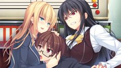 Rule 34 | 2girls, angry, ayase hazuki, black hair, blonde hair, blush, bow, bowtie, breast press, breasts, chobipero, clenched teeth, eyebrows, game cg, glasses, green eyes, indoors, large breasts, long hair, long sleeves, looking at another, mole, mole under eye, multiple girls, parted lips, pink eyes, school uniform, smile, standing, teeth, zannen na ane to no love comedy