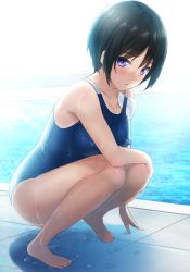 Rule 34 | 1girl, backlighting, barefoot, black hair, blue one-piece swimsuit, breasts, collarbone, covered erect nipples, full body, highres, looking at viewer, medium breasts, one-piece swimsuit, onigirikun, open mouth, original, pool, purple eyes, school swimsuit, short hair, solo, sparkle, squatting, swimsuit