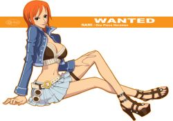 Rule 34 | belt, blue skirt, breasts, brown eyes, brown hair, cleavage, cropped jacket, english text, full body, high heels, light blue skirt, looking at viewer, medium hair, midriff, miniskirt, nami (one piece), navel, one piece, orange hair, pleated skirt, q-bit, simple background, skirt, smile, solo, white background