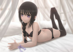 Rule 34 | 10s, 1girl, akemi homura, alternate hairstyle, arched back, ass, backlighting, bare arms, bare shoulders, bed, bed sheet, black hair, black hairband, black panties, black thighhighs, blush, braid, butt crack, closed mouth, curtains, feet, flat chest, foreshortening, full body, hair over shoulder, hair tie, hairband, legs up, long hair, looking away, looking to the side, lying, mahou shoujo madoka magica, mahou shoujo madoka magica (anime), on bed, on stomach, own hands clasped, own hands together, panties, pillow, pink ribbon, purple eyes, red ribbon, ribbon, single braid, siraha, smile, soles, solo, the pose, thighhighs, underwear, underwear only, wrist ribbon