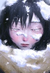 Rule 34 | 1girl, absurdres, black hair, blush, brown scarf, closed eyes, closed mouth, eyelashes, faux traditional media, full-face blush, hair between eyes, hatena (nazequestion), highres, lips, nose blush, original, pink lips, scarf, snow, snow on body, snow on face, snow on head, snowing, winter