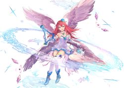Rule 34 | 1girl, :d, angel, angel wings, armband, armpit peek, bare shoulders, beige wings, blue eyes, blue flower, blue footwear, blue ribbon, boots, braid, breasts, cleavage, collarbone, crown braid, dress, elbow gloves, feathered wings, floating hair, flower, full body, fuuro (johnsonwade), gem, gloves, hair between eyes, hair flower, hair ornament, harp, holding, holding instrument, instrument, jewelry, long hair, looking at viewer, musical note, open mouth, original, pendant, pink ribbon, quaver, quaver rest, red hair, ribbon, smile, solo, strapless, strapless dress, thighhighs, white dress, white gloves, white thighhighs, wings