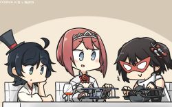 Rule 34 | 3girls, ahoge, aichi e11a, aircraft, aircraft request, airplane, ark royal (kancolle), biplane, black gloves, black hair, blue eyes, blunt bangs, bob cut, brown gloves, chair, check commentary, commentary request, cup, dated, drinking glass, elbow gloves, fairey swordfish, fingerless gloves, furisode, gloves, green eyes, hair ornament, hairband, hakama, hakama skirt, hamu koutarou, hand on own face, hat, highres, japanese clothes, kantai collection, kimono, long sleeves, mask, matsukaze (kancolle), meiji schoolgirl uniform, mini hat, mini top hat, multiple girls, partial commentary, red hair, scarf, school uniform, sendai (kancolle), serafuku, short hair, skirt, swept bangs, table, tiara, top hat, toy airplane, tsurime, two side up, upper body, wavy hair, white scarf, wine glass