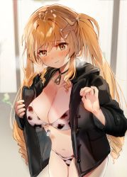 Rule 34 | 1girl, animal print, bikini, black coat, blush, breasts, brown eyes, brown hair, cleavage, coat, commentary, cow print, drill hair, hair ornament, hairclip, highres, jewelry, large breasts, long hair, looking at viewer, nanahamu, necklace, original, solo, swimsuit, twin drills, wavy mouth