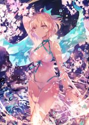 Rule 34 | 1girl, ahoge, arm behind head, bikini, blonde hair, blue ribbon, bracelet, breasts, cherry blossoms, cleavage, closed mouth, collarbone, fate/grand order, fate (series), haori, highres, japanese clothes, jewelry, looking to the side, navel, okita j. souji (fate), okita j. souji (third ascension) (fate), okita souji (fate), okita souji (koha-ace), ribbon, rioka (southern blue sky), short hair, solo, standing, swimsuit, wading, water drop, white bikini, yellow eyes