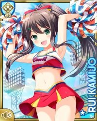 Rule 34 | 1girl, :d, arms up, bare shoulders, black hair, blush, bow, breasts, card (medium), character name, cheerleader, day, female focus, girlfriend (kari), green eyes, jumping, kamijo rui, long hair, midriff, navel, official art, open mouth, outdoors, pleated skirt, pompoms, qp:flapper, red skirt, shirt, skirt, smile, socks, solo, tagme, tank top, white shirt