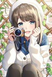 Rule 34 | 1girl, :d, beret, black pantyhose, blue eyes, blue shirt, blush, brick wall, brown hair, camera, collared shirt, commentary request, copyright request, dress shirt, hands up, hat, holding, holding camera, jacket, knees up, long hair, long sleeves, looking at viewer, masuishi kinoto, off shoulder, official art, open mouth, pantyhose, shirt, sitting, sleeves past wrists, smile, solo, white hat, white jacket