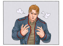 Rule 34 | 1boy, blonde hair, blue jacket, freckles, grey background, jacket, kaysd999, looking down, male focus, mir (comics), mir (mir), open mouth, parted bangs, puff of air, short hair, simple background, solo, upper body