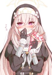 Rule 34 | 1girl, black gloves, blue archive, blush, covering own mouth, cream, cream on face, crossed bangs, food, food on face, fruit, gloves, grey hair, grey halo, hair between eyes, halo, highres, holding, holding food, karikura (atatata71), long hair, long sleeves, nun, puffy long sleeves, puffy sleeves, purple eyes, sakurako (blue archive), simple background, solo, strawberry, white background