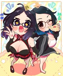 Rule 34 | + +, 2girls, :3, adidas, ahoge, barefoot, black gloves, blue hair, blush, breasts, cleavage, cleavage cutout, clothing cutout, commentary request, daikou-chan, dual persona, eating, elbow gloves, fishnet legwear, fishnets, food, full body, glasses, gloves, gradient hair, highres, holding, holding food, holding hands, holding pizza, jacket, kson, large breasts, milestone celebration, mole, mole under eye, multicolored hair, multiple girls, one eye closed, open mouth, pantyhose, parted hair, pink shorts, pizza, pizza slice, ponytail, purple eyes, purple hair, real life, red-framed eyewear, red shorts, sakuramochi (sakura frappe), shorts, smile, strappy heels, tank top, unmoving pattern, virtual youtuber