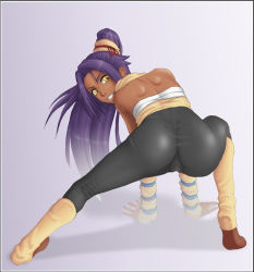 Rule 34 | ass, back, bleach, cameltoe, dark skin, from behind, grin, long hair, looking back, ponytail, purple hair, shadow, shihouin yoruichi, smile, spread legs, thor (deep rising), yellow eyes