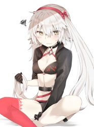 Rule 34 | 1girl, abe suke, asymmetrical legwear, bikini, black bikini, black gloves, black jacket, blush, bow, breasts, brown eyes, cleavage, commentary request, fate/grand order, fate (series), gloves, hair between eyes, hair bow, hairband, hand on leg, holding, holding own hair, jacket, jeanne d&#039;arc (fate), jeanne d&#039;arc alter (fate), jeanne d&#039;arc alter (swimsuit berserker) (fate), long hair, long sleeves, looking at viewer, medium breasts, o-ring, o-ring bikini, o-ring top, parted lips, red bow, red hairband, red thighhighs, shrug (clothing), silver hair, sitting, solo, squiggle, sweat, swimsuit, thighhighs, uneven legwear, v-shaped eyebrows, very long hair, wavy mouth, white background