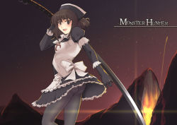 Rule 34 | 1girl, :d, apron, black eyes, black gloves, black hair, black pantyhose, blush, bow, bowtie, brown eyes, brown hair, capcom, clothes lift, dress, dress lift, elbow gloves, fire, flat chest, glasses, gloves, glowing, hat, huge weapon, katana, lace, looking at viewer, looking back, maid, maid apron, mk (mod0), monster hunter (series), mountain, nature, night, night sky, ootachi, open mouth, outdoors, panties, panties under pantyhose, pantyhose, pantyshot, private (armor), profile, short dress, short hair, sky, smile, solo, standing, star (sky), starry sky, sword, thighband pantyhose, underwear, volcano, waist apron, weapon, wind, wind lift