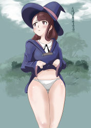 Rule 34 | bare legs, brown eyes, brown hair, chadgarciaburg, clothes lift, cloud, dress, dress lift, grass, hat, highres, kagari atsuko, legs together, little witch academia, looking away, looking up, medium hair, outdoors, self-upload, shirt, standing, tagme, tower, tree, white shirt, wizard hat