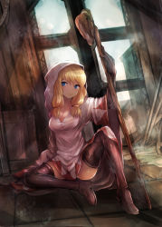 Rule 34 | 1girl, blonde hair, blue eyes, blush, boots, breasts, cleavage, final fantasy, final fantasy tactics, gloves, hood, kara (color), long hair, robe, seductive smile, sitting, smile, solo, spread legs, staff, thigh boots, thighhighs, twintails, white mage, white mage (fft), white mage (final fantasy)