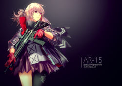 Rule 34 | 1girl, absurdres, ar-15, armband, armor, assault rifle, blush, character name, closed mouth, clothes writing, coat, dress, floating hair, gas mask, girls&#039; frontline, gloves, gun, hair between eyes, hair ornament, highres, holding, holding gun, holding weapon, holster, jacket, long hair, looking away, magazine (weapon), mask, mod3 (girls&#039; frontline), multicolored hair, open clothes, open coat, parted lips, pink hair, ponytail, recamuse, red gloves, rifle, scarf, scope, sidelocks, simple background, skindentation, solo, st ar-15 (girls&#039; frontline), st ar-15 (mod3) (girls&#039; frontline), strap, streaked hair, thigh holster, thigh strap, thighhighs, torn clothes, torn jacket, trigger discipline, weapon
