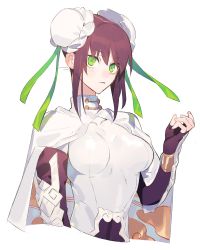 Rule 34 | 10r (tulipano), 1girl, bodysuit, breasts, brown hair, bun cover, cape, chinese clothes, closed mouth, covered navel, double bun, dress, fate/grand order, fate (series), fingerless gloves, gloves, green eyes, green ribbon, hair ornament, hair ribbon, highres, looking at viewer, medium breasts, qin liangyu (fate), ribbon, short hair, simple background, solo, white background, white dress