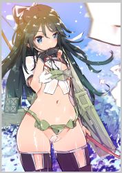 Rule 34 | 1girl, black hair, blue eyes, blush, border, bottomless, bow (weapon), caburi, day, flat chest, gloves, grey border, hair ribbon, highres, holding, holding bow (weapon), holding weapon, japanese clothes, kantai collection, katsuragi (kancolle), long hair, navel, outdoors, partially fingerless gloves, partly fingerless gloves, ribbon, rigging, shikigami, short sleeves, single glove, sky, solo, thighhighs, water, weapon, yugake