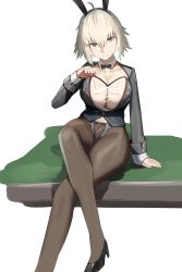 Rule 34 | 1girl, absurdres, bad id, bad pixiv id, basaru 1106, breasts, brown pantyhose, detached collar, fate/grand order, fate (series), grey hair, highres, jeanne d&#039;arc alter (avenger) (fate), jeanne d&#039;arc alter (fate), large breasts, leotard, looking at viewer, pantyhose, playboy bunny, short hair, sitting, solo, white background, yellow eyes