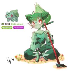 Rule 34 | 1girl, ahoge, bright pupils, broom, bulbasaur, choker, colored skin, cone hair bun, creatures (company), crop top, detached sleeves, double bun, endifi, flower, freckles, game freak, gen 1 pokemon, green hair, green pants, green skin, hair bun, holding, holding broom, midriff, nintendo, pants, personification, pointy ears, pokemon, puffy pants, puffy sleeves, red flower, reference inset, sitting, spiked anklet, white background, white pupils