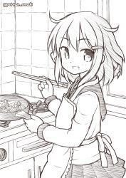 Rule 34 | 1girl, apron, chopsticks, cowboy shot, fang, frying pan, greyscale, hair ornament, hairclip, highres, ikazuchi (kancolle), indoors, kantai collection, looking at viewer, monochrome, omochi (pettan omochi), one-hour drawing challenge, open mouth, sailor collar, school uniform, serafuku, short hair, smile, solo, stove, twitter username, window