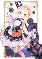Rule 34 | 1girl, abigail williams (fate), abigail williams (festival outfit) (fate), black dress, black footwear, bloomers, blush, bow, bow bloomers, braid, breasts, butterfly hair ornament, commentary request, dress, fate/grand order, fate (series), forehead, hair ornament, hand up, heart, heroic spirit festival outfit, highres, kito (sorahate), leaning to the side, long hair, long sleeves, official alternate costume, orange bow, parted bangs, shirt, shoes, sidelocks, sleeveless, sleeveless dress, sleeves past fingers, sleeves past wrists, small breasts, solo, standing, standing on one leg, stuffed animal, stuffed toy, teddy bear, tentacles, underwear, very long hair, white bloomers, white shirt