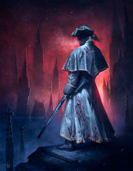 Rule 34 | 1other, ambiguous gender, artist name, black footwear, black hair, black headwear, bloodborne, capelet, city, from behind, gun, highres, holding, holding weapon, hunter (bloodborne), long sleeves, outdoors, ponytail, red sky, rifle, sky, standing, teradiam, weapon