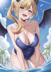 Rule 34 | 1girl, :d, absurdres, bird, blonde hair, blue eyes, blue one-piece swimsuit, blue sky, blush, breasts, cloud, collarbone, covered navel, day, demon girl, demon horns, demon wings, floating hair, gluteal fold, hair over shoulder, highres, hololive, horns, large breasts, leaning forward, nekorone0222, one-piece swimsuit, open mouth, outdoors, palm tree, ponytail, revision, skindentation, sky, smile, sunlight, swimsuit, tree, virtual youtuber, wading, water, wet, wings, yuzuki choco