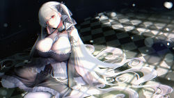 Rule 34 | 1girl, azur lane, bare shoulders, between breasts, black dress, breasts, cleavage, dress, formidable (azur lane), frilled dress, frills, grey hair, hair ribbon, large breasts, long hair, looking at viewer, nail polish, open mouth, pantyhose, piukute062, red eyes, ribbon, solo, twintails, two-tone dress, two-tone ribbon, white pantyhose
