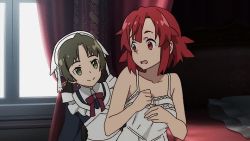 Rule 34 | 10s, 3girls, animated, animated gif, armpits, arms up, assisted exposure, backboob, bianca (shuumatsu no izetta), black hair, bloomers, bouncing breasts, breasts, brown hair, hair ornament, hairclip, indoors, izetta, large breasts, long hair, looking at breasts, lotte (shuumatsu no izetta), maid, matching hair/eyes, multiple girls, no bra, ponytail, red eyes, red hair, short hair, shuumatsu no izetta, topless, twintails, underwear, undressing, window