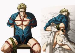 Rule 34 | 2boys, ass, bara, bare pectorals, bed, black male underwear, blonde hair, blue shirt, bottomless, bound, bound arms, bound legs, bound wrists, closed mouth, collared shirt, goggles, highres, jujutsu kaisen, large pectorals, male focus, male underwear, multiple boys, muscular, muscular male, naked shirt, nanami kento, necktie, nipples, on bed, pectorals, red rope, rope, sex, sex from behind, shibari, shirt, short hair, sitting, smokerichi, solo focus, underwear, yaoi