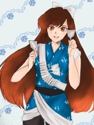 Rule 34 | 1girl, artist request, bandolier, bow, brown hair, grin, highres, japanese clothes, kimono, kuonji ukyou, long hair, looking at viewer, open mouth, pantyhose, ranma 1/2, sash, smile, spatula, very long hair, yellow eyes