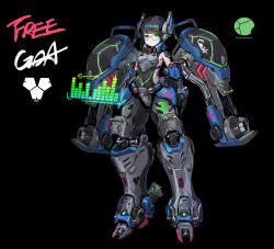 Rule 34 | 1girl, armor, arms at sides, black background, black hair, donxxxs, expressionless, full body, glasses, green eyes, green hair, headgear, highres, looking at viewer, mecha musume, multicolored hair, original, power armor, solo, streaked hair