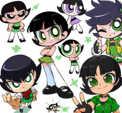 Rule 34 | &gt;:), 1girl, ;d, bare arms, belt, black footwear, black hair, blunt bangs, blush, buttercup (ppg), commentary, crossed arms, dot nose, dress, english commentary, green dress, green eyes, green shirt, green skirt, highres, kim crab, leaning to the side, looking at viewer, matsubara kaoru, messy hair, multiple views, one eye closed, open mouth, powered buttercup, powerpuff girls, powerpuff girls z, shirt, shoes, short dress, short hair, skirt, sleeveless, sleeveless dress, smile, spiked hair, thighhighs, thumbs up, toon (style), v-shaped eyebrows, very big eyes, vest, white background, white thighhighs, yellow vest