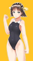 Rule 34 | 1girl, 30-06, bad id, bad pixiv id, black one-piece swimsuit, blue eyes, brown hair, competition swimsuit, cowboy shot, flipped hair, hairband, headgear, hiei (kancolle), highleg, highleg swimsuit, highres, kantai collection, looking at viewer, one-piece swimsuit, raised fist, short hair, simple background, smile, solo, standing, swimsuit, yellow background