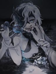 Rule 34 | 1girl, abyssal ship, black nails, blue eyes, breasts, colored skin, highres, horns, kantai collection, long hair, nail polish, ne-class heavy cruiser, partially submerged, ruohire9, sharp teeth, single horn, small breasts, solo focus, teeth, white hair, white skin
