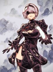 Rule 34 | 1girl, 2b (nier:automata), black blindfold, black dress, black gloves, black hairband, black thighhighs, blindfold, breasts, cleavage cutout, clothing cutout, cowboy shot, dress, facing viewer, gloves, grey background, grey hair, hairband, hand on own chest, hand up, highres, juliet sleeves, large breasts, long sleeves, looking at viewer, mole, mole under mouth, nier:automata, nier (series), oftooon, parted lips, puffy sleeves, short hair, smoke, solo, standing, thighhighs, white sleeves