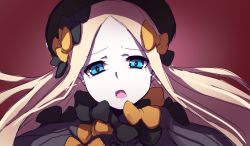 Rule 34 | 1girl, abigail williams (fate), absurdres, bad id, bad twitter id, black bow, black dress, black hat, blonde hair, blue eyes, bow, commentary request, dress, fate/grand order, fate (series), forehead, hat, head tilt, highres, long hair, looking at viewer, open mouth, orange bow, parted bangs, red background, simple background, solo, tears, wada kazu