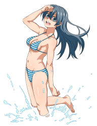 Rule 34 | 1girl, bad id, bad pixiv id, barefoot, bikini, blue eyes, blue hair, breasts, cleavage, highres, long hair, looking at viewer, medium breasts, navel, open mouth, original, sideboob, simple background, smile, solo, splashing, standing, standing on one leg, striped bikini, striped clothes, swimsuit, tuskryo, water, white background