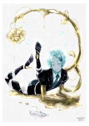 Rule 34 | 1other, androgynous, aqua eyes, aqua hair, blue eyes, blue hair, character name, colored eyelashes, commentary request, crying, crying with eyes open, crystal hair, english text, flower, gem uniform (houseki no kuni), gold, golden arms, green hair, grey background, high heels, highres, houseki no kuni, liquid, lying, molten metal, morino bambi, necktie, on stomach, parted bangs, phosphophyllite, short hair, short sleeves, shorts, smile, solo, sparkle, tears