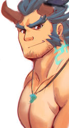 Rule 34 | 1boy, bara, blue hair, dark blue hair, demon boy, ep06, facial hair, fang, fiery horns, highres, horns, jewelry, large pectorals, long sideburns, looking at viewer, male focus, muscular, necklace, nude, pectorals, red eyes, short hair, sideburns, simple background, sketch, smile, solo, stubble, takemaru (housamo), thick eyebrows, tokyo houkago summoners, upper body