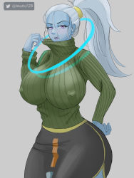 Rule 34 | 1girl, absurdres, blue skin, blush, breasts, clothes, colored skin, dragon ball, dragon ball super, female focus, grey background, highres, huge breasts, large breasts, long hair, looking at viewer, matts128, ponytail, purple eyes, simple background, solo, vados (dragon ball), white hair