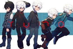 Rule 34 | 1boy, :d, :o, age progression, arm guards, black footwear, black gloves, black hair, black jacket, black necktie, black pants, blazer, blue footwear, blue jacket, blue pants, bodysuit, boots, buttons, character name, clenched hand, clenched hands, cowlick, double-breasted, echo (circa), gloves, jacket, knee boots, kuga yuuma, long sleeves, looking at viewer, looking away, looking to the side, male focus, multiple views, necktie, open mouth, outstretched arm, pants, pants tucked in, popped collar, pout, profile, puckered lips, puffy pants, red eyes, replica, running, school uniform, shoe soles, shoes, short hair, smile, standing, uniform, walking, white hair, world trigger, zipper